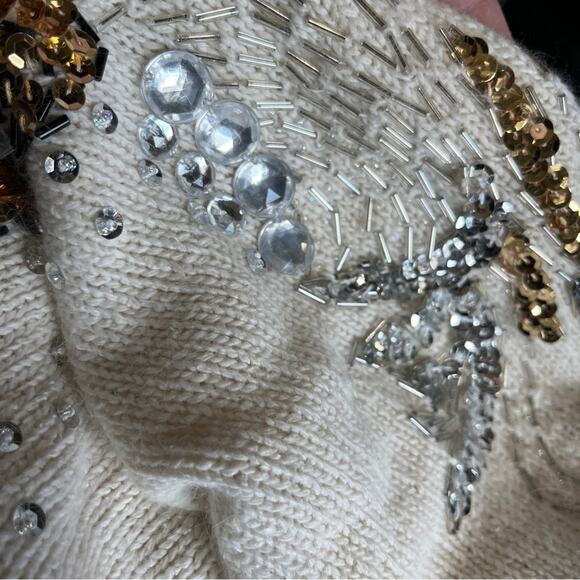 Vintage Beaded Sequin SILK ANGORA Cream Ivory Gold Black Silver Sweater Sz Large - Picture 4 of 11